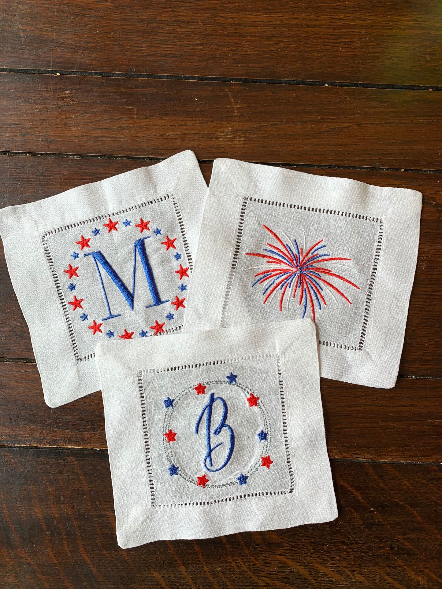 Patriotic Stars and Stripes Monogrammed Cocktail Napkin - Personalized Patriotic Linen Napkin