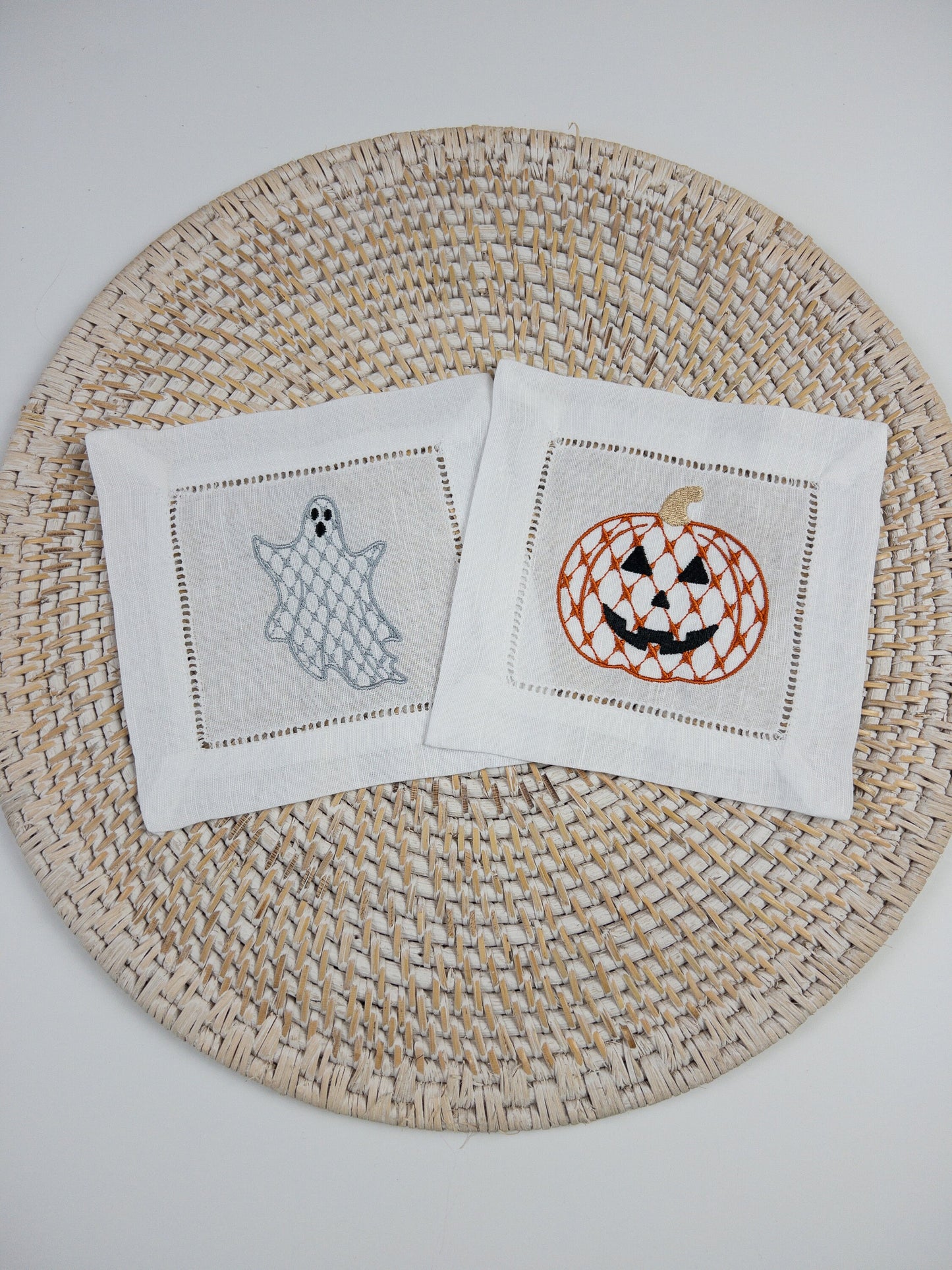 Embroidered Jack o Lantern Cocktail Napkin, Pumpkin Linen Cocktail Napkin, Halloween Gift