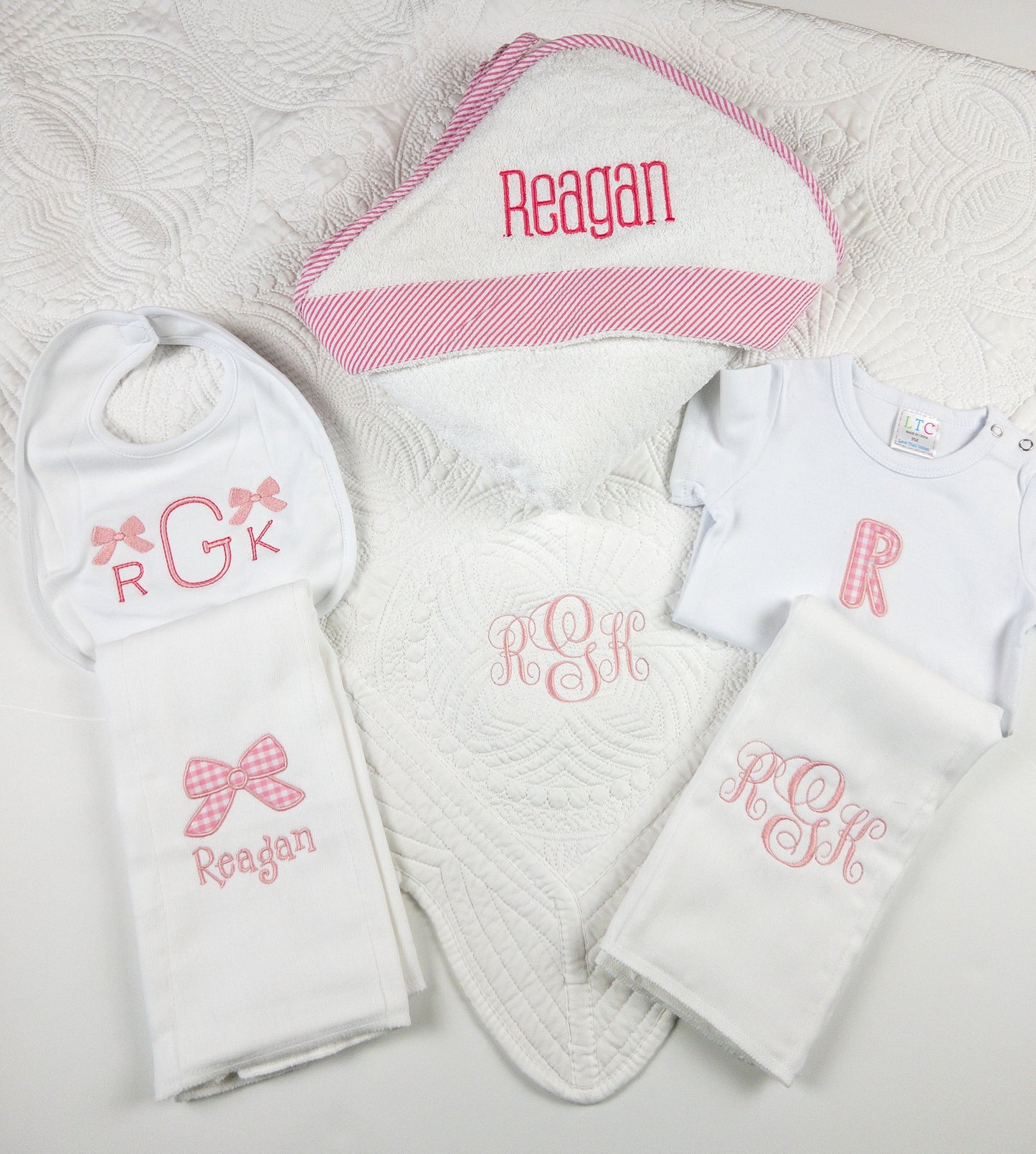 Collection of monogrammed baby items available for purchase in my shop.