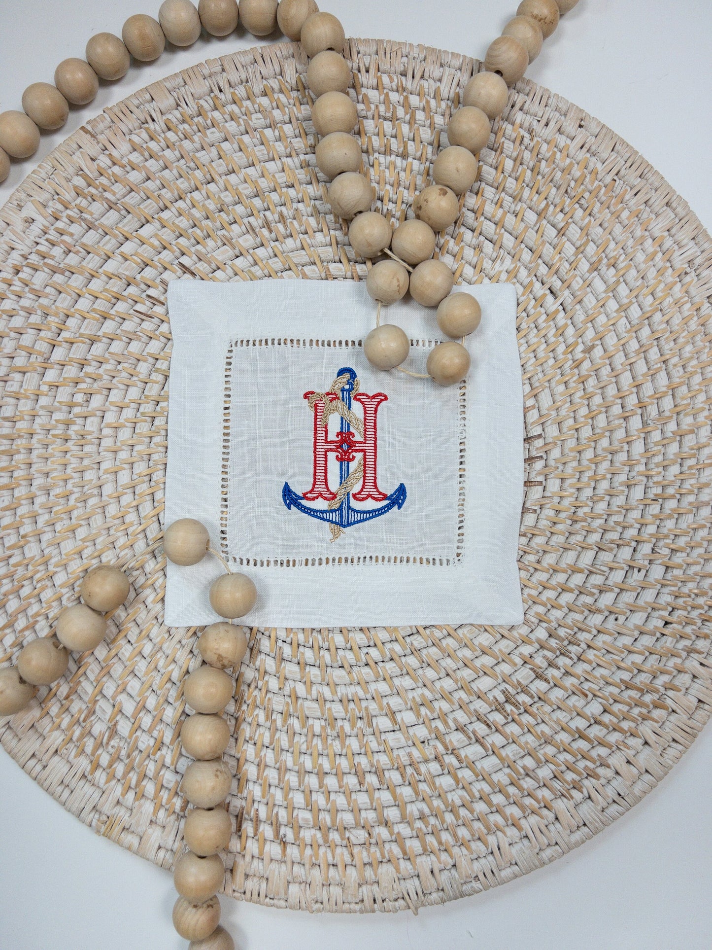 White Linen Hemstitched Cocktail Napkin Embroidered in Nautical Themed Monogram