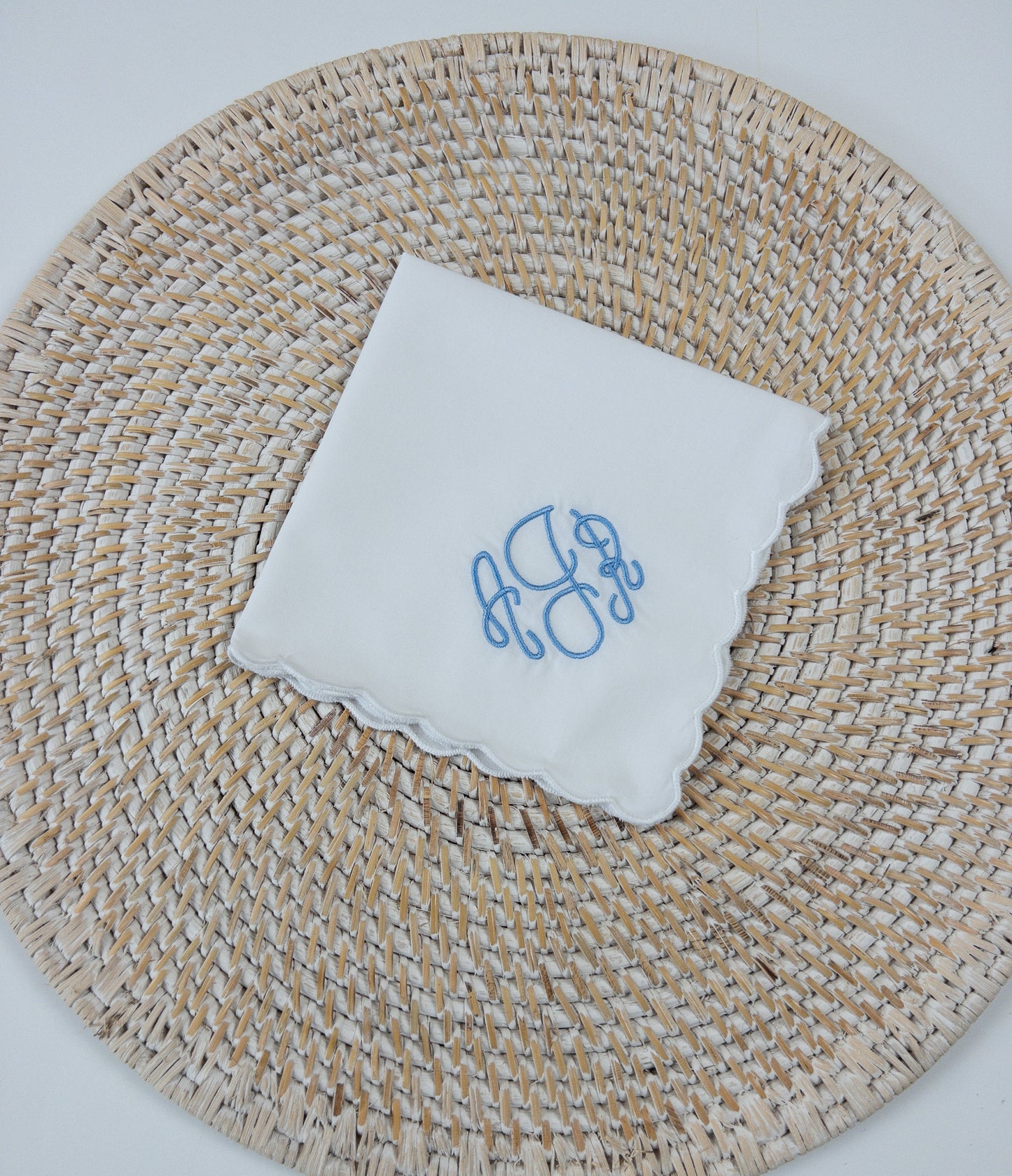 Monogrammed Handkerchief, Three Letter Monogrammed Cotton Handkerchief, Casual Wedding Hanky, White Scalloped Hem Cotton Handkerchief