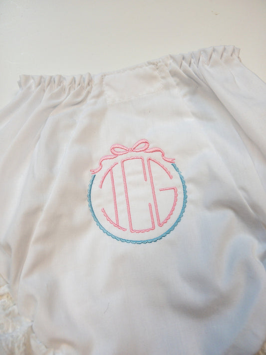 Monogrammed Bloomers, White Ruffled Bloomers, Scallop Monogram Bloomers, Custom Diaper Cover, Baby Girl Gift