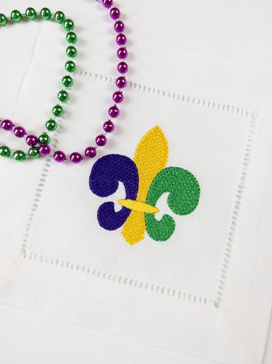 Fleur de Lis White Linen Cocktail Napkin, Mardi Gras Cocktail Napkin, Gold, Green, and Purple Fleur de Lis Embroidered Cocktail Napkin