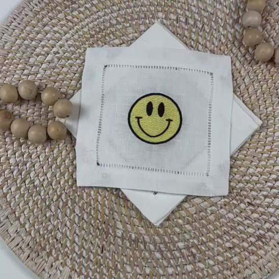 Smiley Face Embroidered Cocktail Napkins, Emoticon Cocktail Napkin