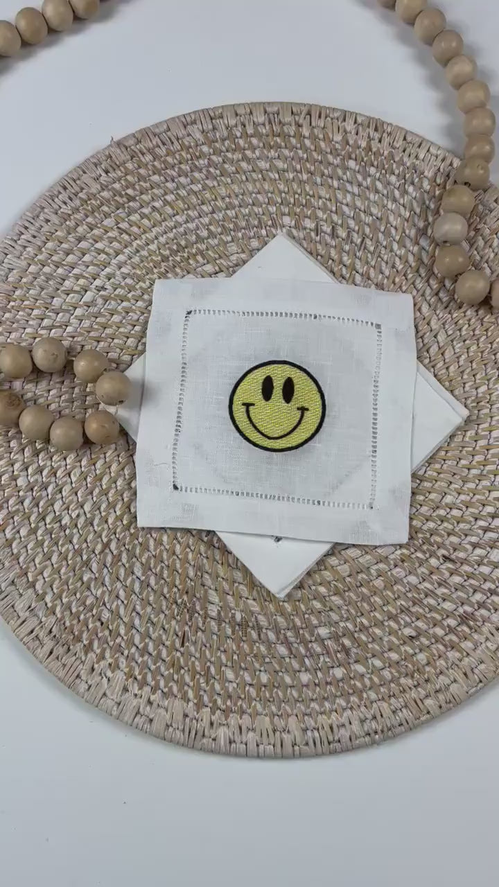 Smiley Face Embroidered Cocktail Napkins, Emoticon Cocktail Napkin