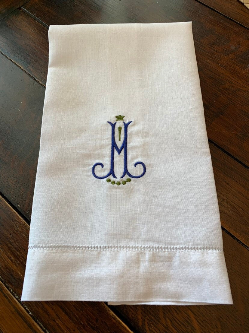 Two Color Monogrammed Linen Tea Towel, Hand Towel, Guest Towel #108