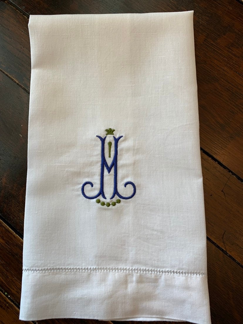 Two Color Monogrammed Linen Tea Towel, Hand Towel, Guest Towel #108