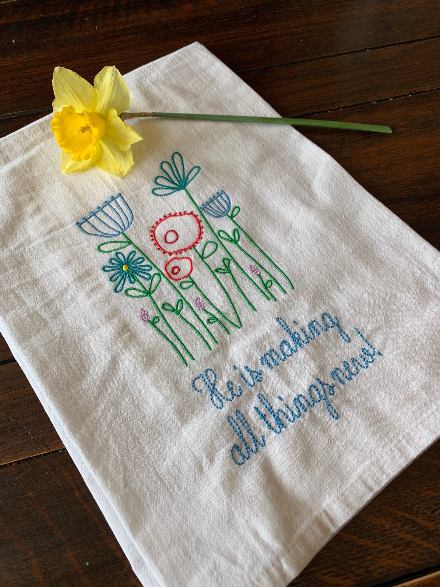 All Things New Floral Hand Towel - flour sack towel - Spring Hand Towel - Embroidered Hand Towel