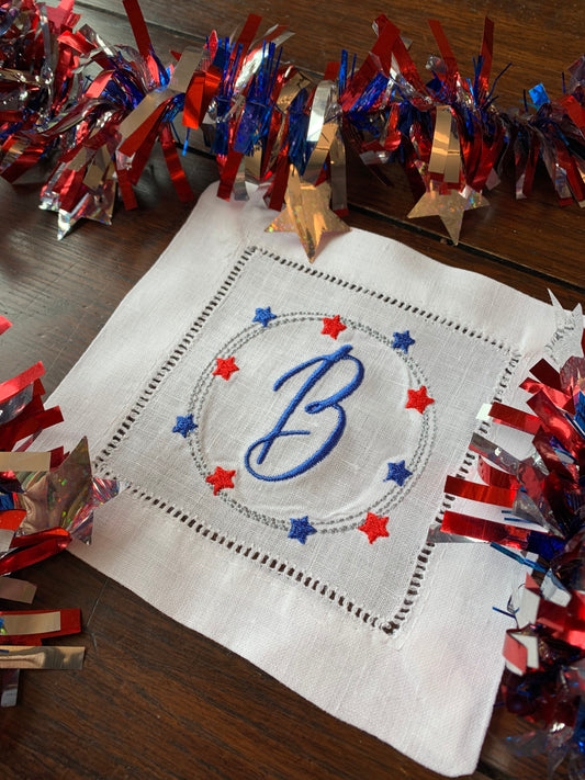 Patriotic Stars and Stripes Monogrammed Cocktail Napkin - Personalized Patriotic Linen Napkin