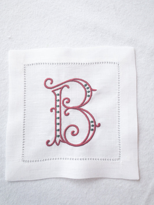 Monogrammed Linen Hemstitched Cocktail Napkin, Two Color Custom Monogram Napkin