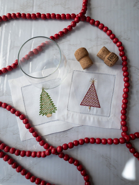 Embroidered Christmas Tree Cocktail Napkin Set , Christmas Drink Napkins #112