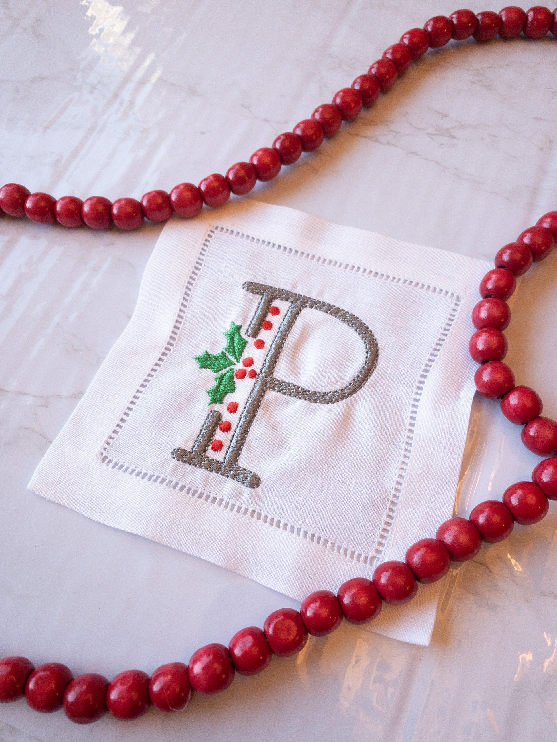 Christmas Cocktail Napkin, Holly Monogram Linen Cocktail Napkin, Christmas Hostess Gift, Holly and Ivory, Personalized Holly Monogram