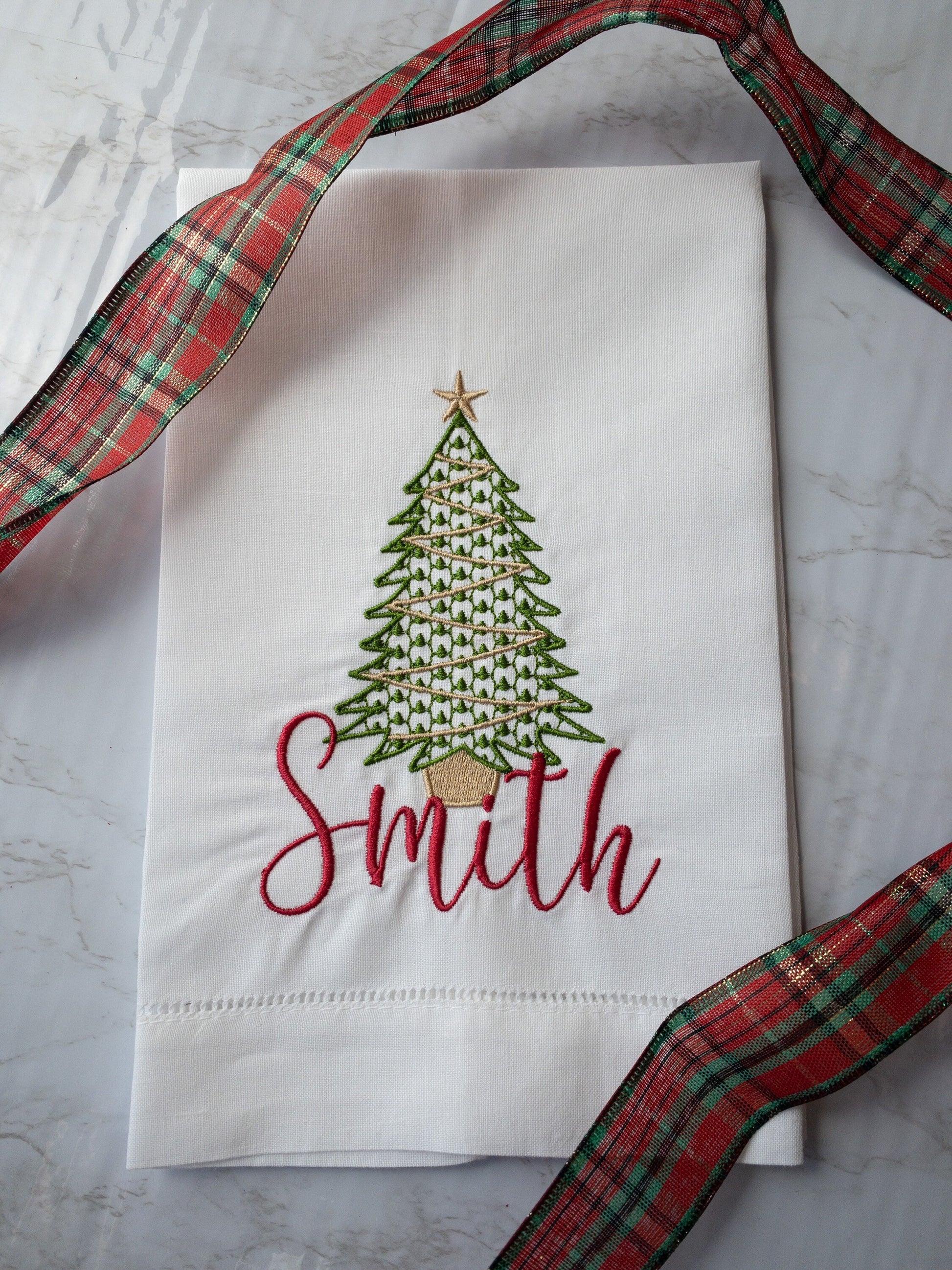 Monogrammed Linen Christmas Tree Hand Towel #112