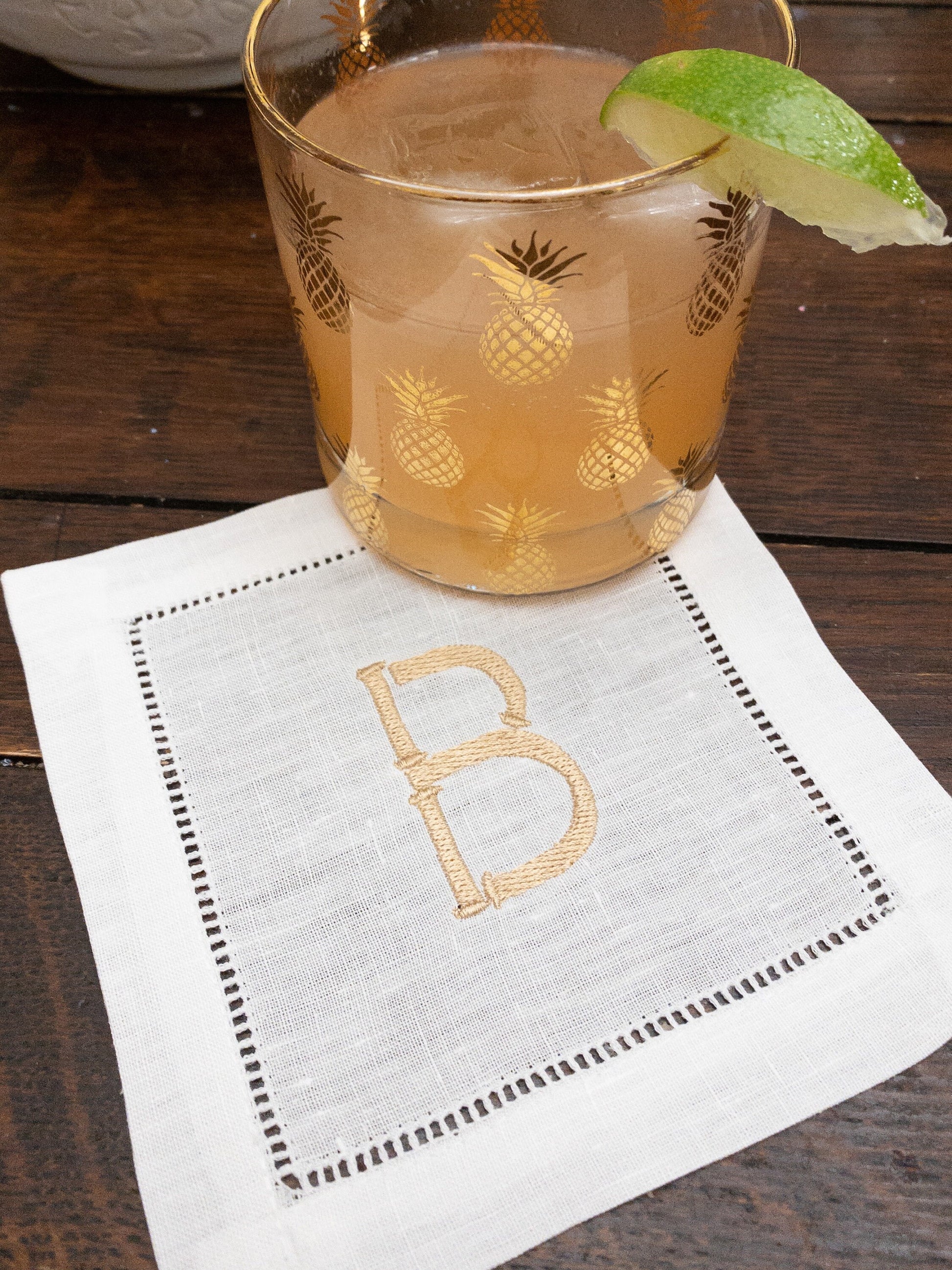 Bamboo Style Monogram Linen Cocktail Napkins - Personalized Drink Napkin