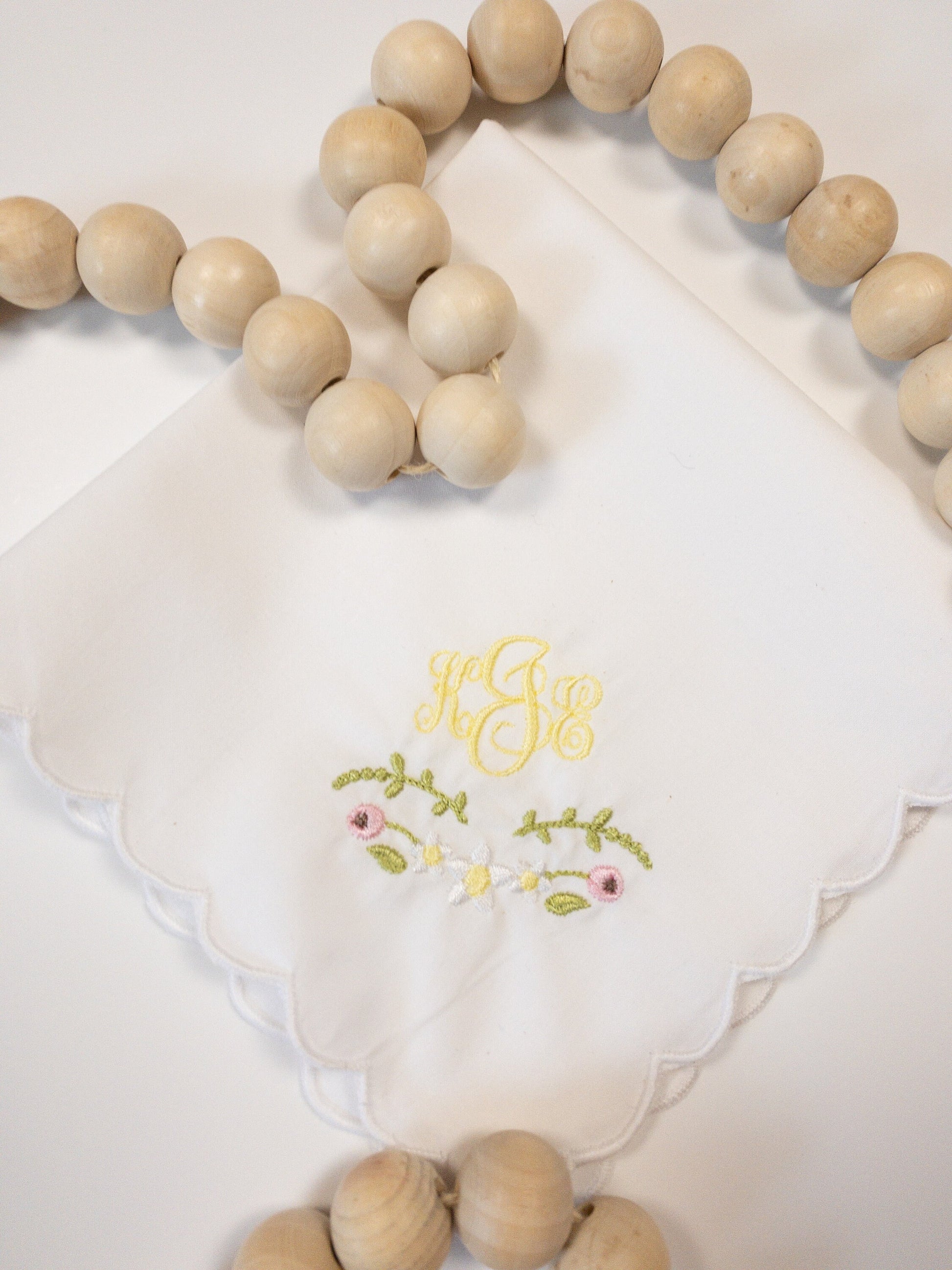 Monogrammed Daisy Handkerchief, Personalized Handkerchief, Scalloped Edge