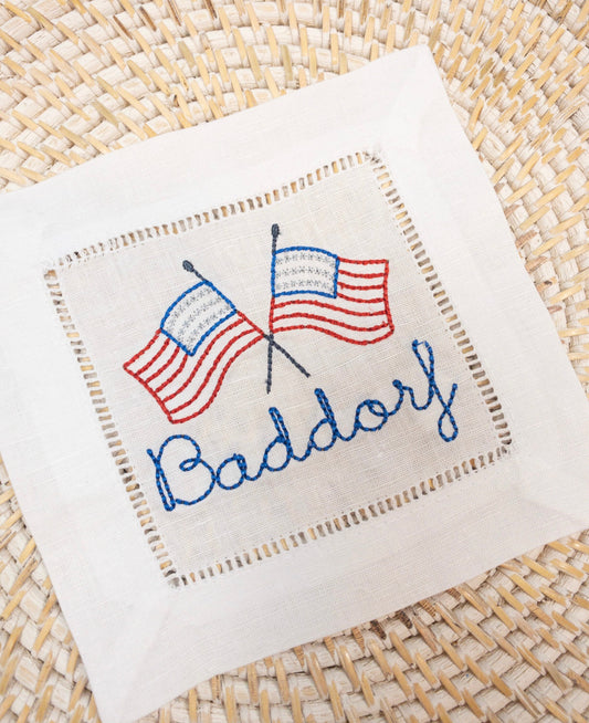 Patriotic Flag Personalized Linen Cocktail Napkins, Linen Napkins Embroidered Red, White and Blue Flags with Name