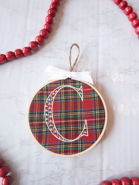 Monogrammed Christmas Ornament, Embroidered Monogram on Red Plaid in Embroidery Hoop Ornament