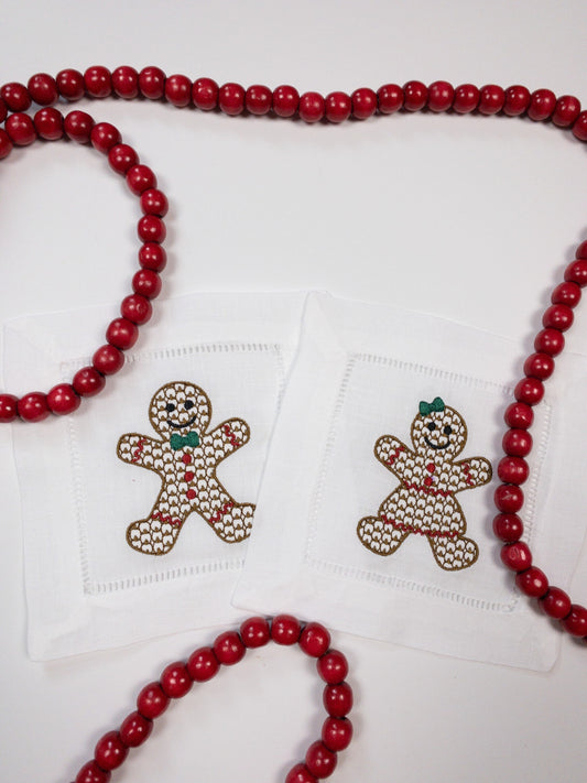 Embroidered Gingerbread Man or Woman Cocktail Napkins, Christmas Drink Napkins #121