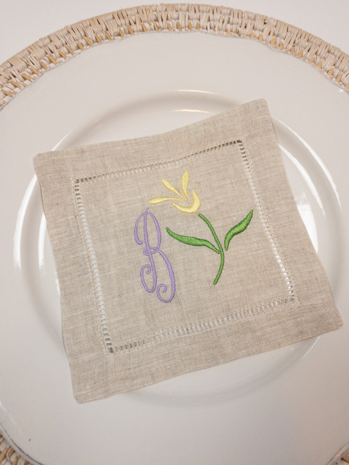 Abstract Tulip Flower Monogrammed Linen Cocktail Napkins, Vintage Inspired Floral Personalized Drink Napkin, Floral Cocktail Napkin #126