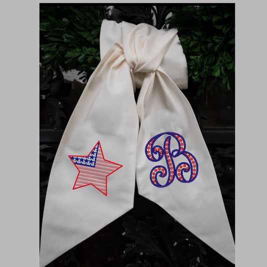 Patriotic Stars and Stripes Monogrammed Wreath Sash, Custom Fourth of July Wreath Sash, Monogrammed Independence Day Wreath Bow #123