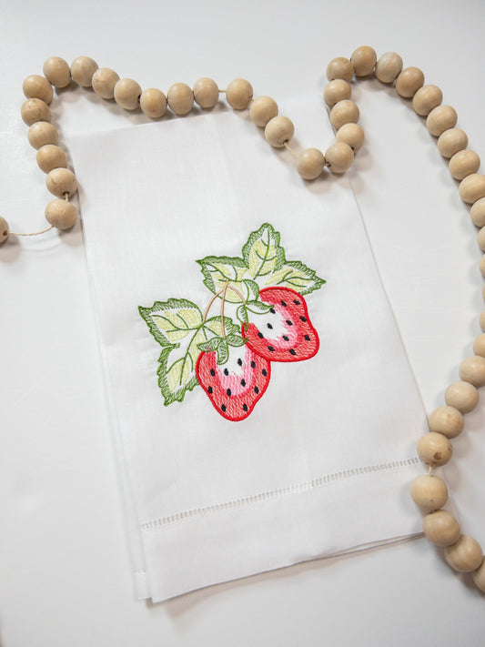 Strawberry Embroidered Linen Hemstitched Hand Towel