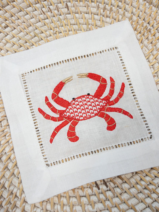 Embroidered Crab Linen Cocktail Napkins, Linen Napkins Embroidered with chic Herend inspired crab, Summer Cocktail Napkin, Crab Napkin