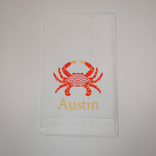 Personalzied Crab Embroidered Linen Hemstitched Hand Towel, Summer Crabbing Linen Hand Towel, Herend Style Crab Towel