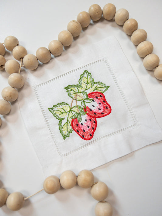 Strawberry Embroidered Linen Cocktail Napkin, Cottagecore Style Drink Napkin, White Linen Hemstitched Napkins