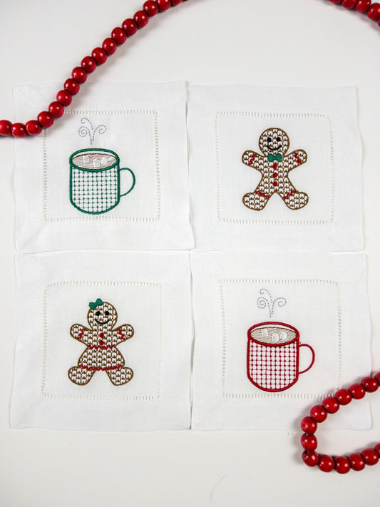 Set of Four Christmas Themed Cocktail Napkins, Gift Set, Hot Cocoa Gift, Custom Gift Set, Winter Gift