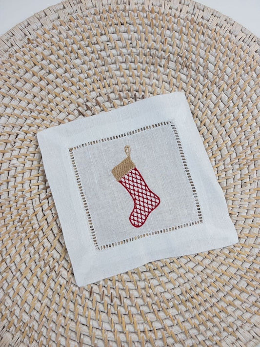 Embroidered Christmas Stocking Cocktail Napkin, Christmas Drink Napkins, White Linen Christmas Napkin