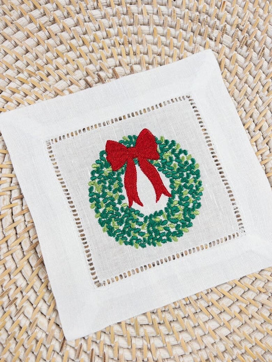 Embroidered Christmas Wreath Cocktail Napkin, Christmas Drink Napkins