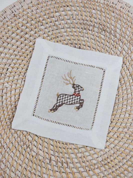 Reindeer Cocktail Napkin, Christmas Drink Napkins, White Linen Cocktail Napkin with embroidered reindeer