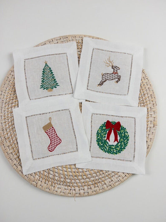 Embroidered Christmas Cocktail Napkin Set , Christmas Drink Napkins, Set Includes Christmas Tree, Stocking, Wreath, and Reindeer Napkins