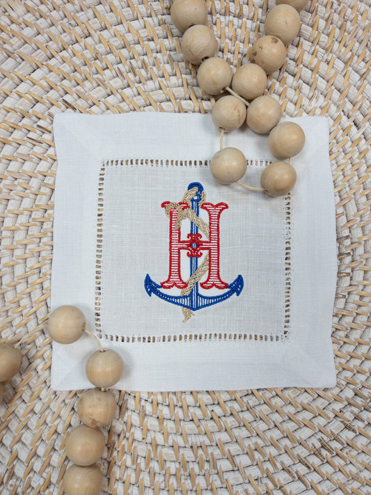 White Linen Hemstitched Cocktail Napkin Embroidered in Nautical Themed Monogram