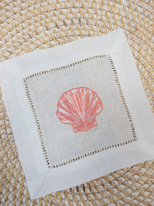 Shell Cocktail Napkin, Coral Sea Shell Linen Cocktail Napkin, Beachy Cocktail Napkin, Beach Theme Gift