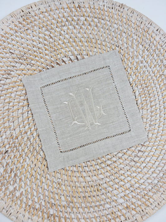 Antique Style Double Monogram Embroidered Linen Cocktail Napkins, Double Monogram, Linen Cocktail Napkins, Personalized Cocktail Napkin #110