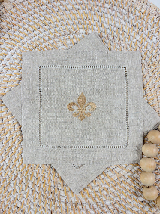 Fleur De Lis Linen Cocktail Napkin, Carnival Cocktail Napkin, Mardi Gras Cocktail Napkin, Mardi Gras Hostess Gift, Embroidered Fleur Napkin